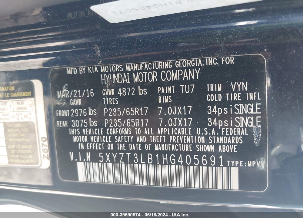2017 HYUNDAI SANTA FE SPORT 2.4L VIN: 5XYZT3LB1HG405691