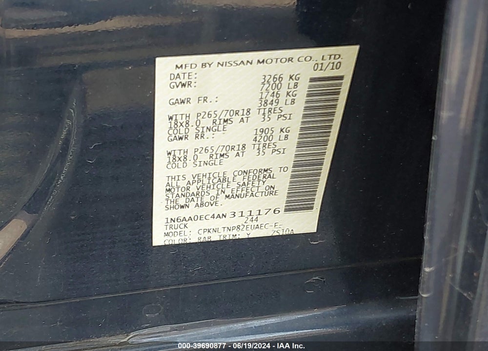 2010 NISSAN TITAN SE VIN: 1N6AA0EC4AN311176