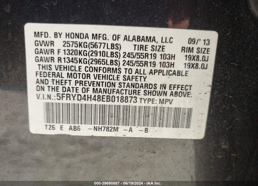 2014 ACURA MDX TECHNOLOGY PACKAGE VIN: 5FRYD4H48EB018873