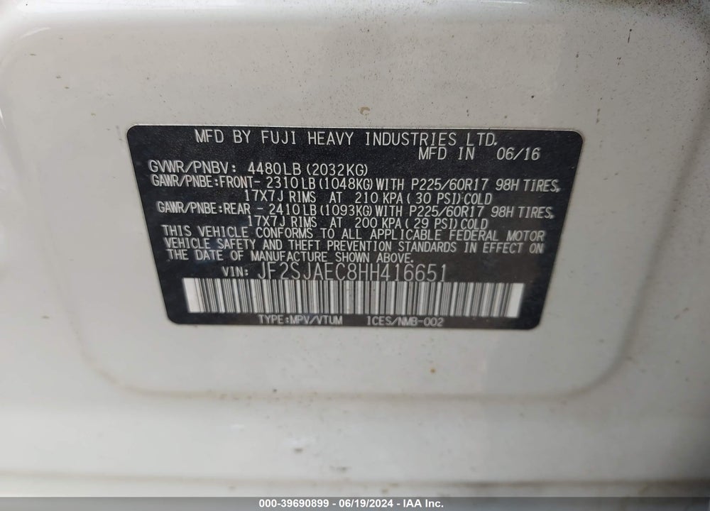 2017 SUBARU FORESTER 2.5I PREMIUM VIN: JF2SJAEC8HH416651