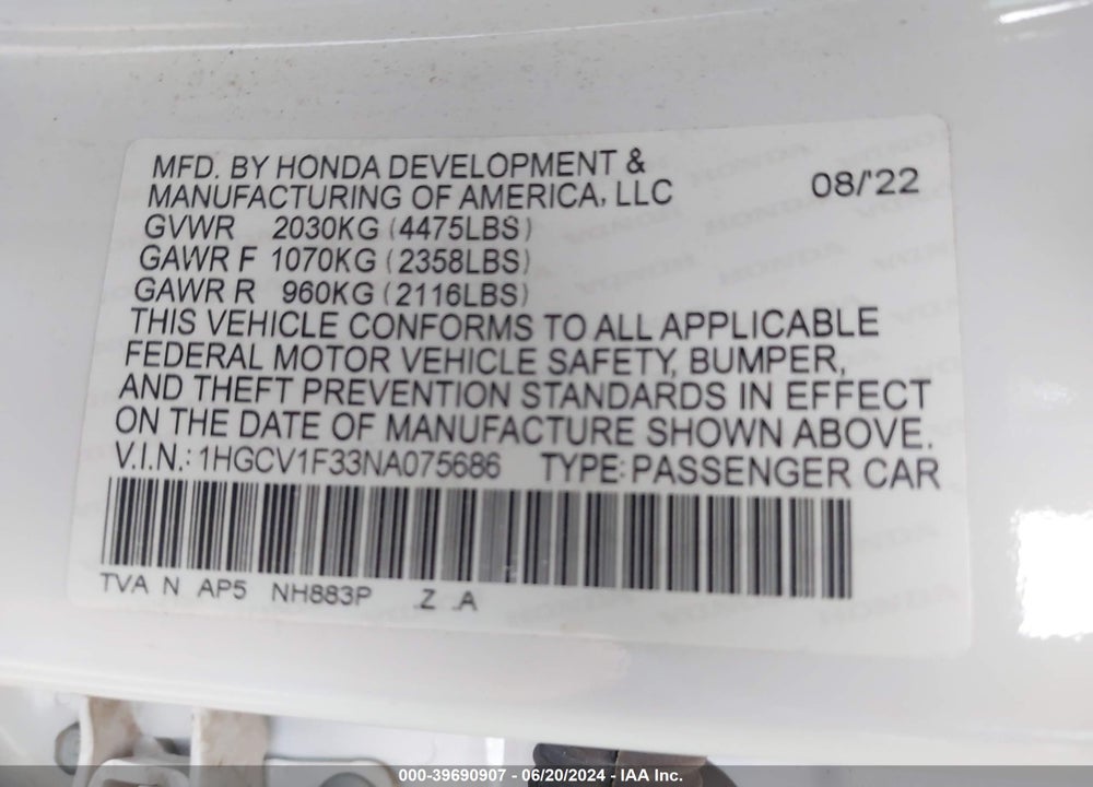 2022 HONDA ACCORD SPORT VIN: 1HGCV1F33NA075686