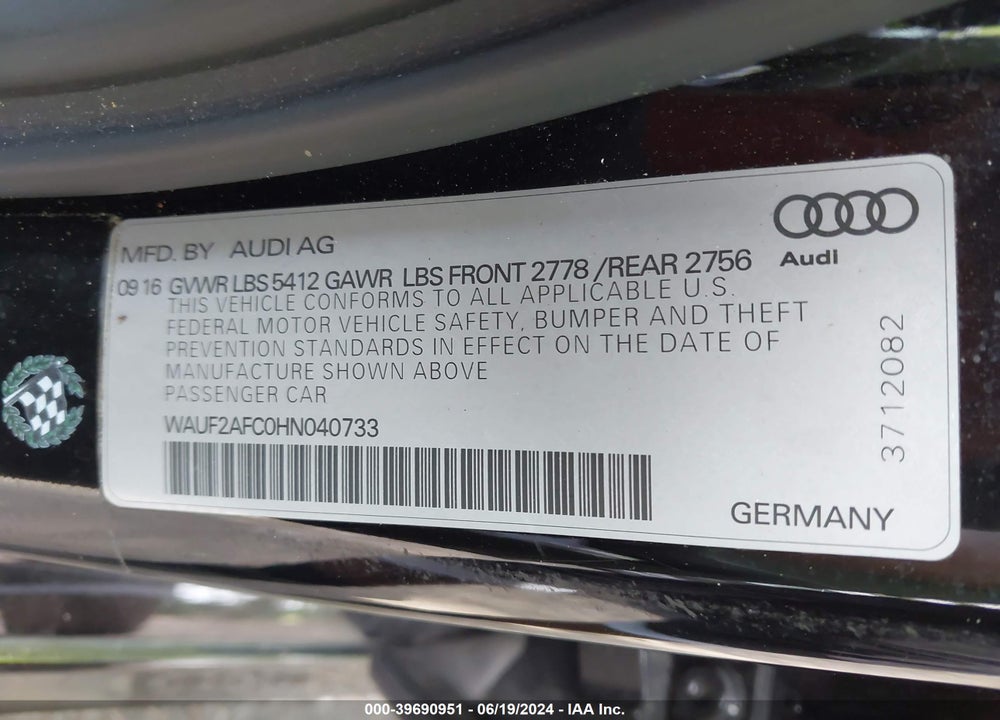 2017 AUDI A6 3.0T PREMIUM PLUS VIN: WAUF2AFC0HN040733