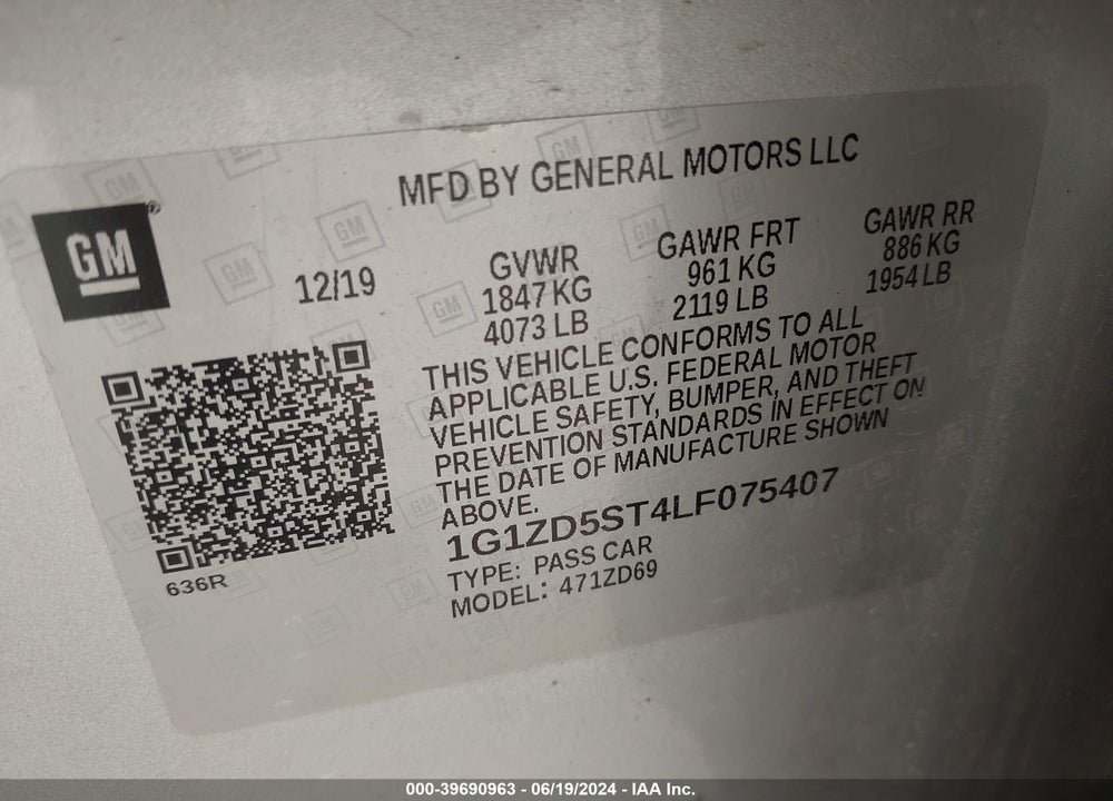 2020 CHEVROLET MALIBU FWD LT VIN: 1G1ZD5ST4LF075407