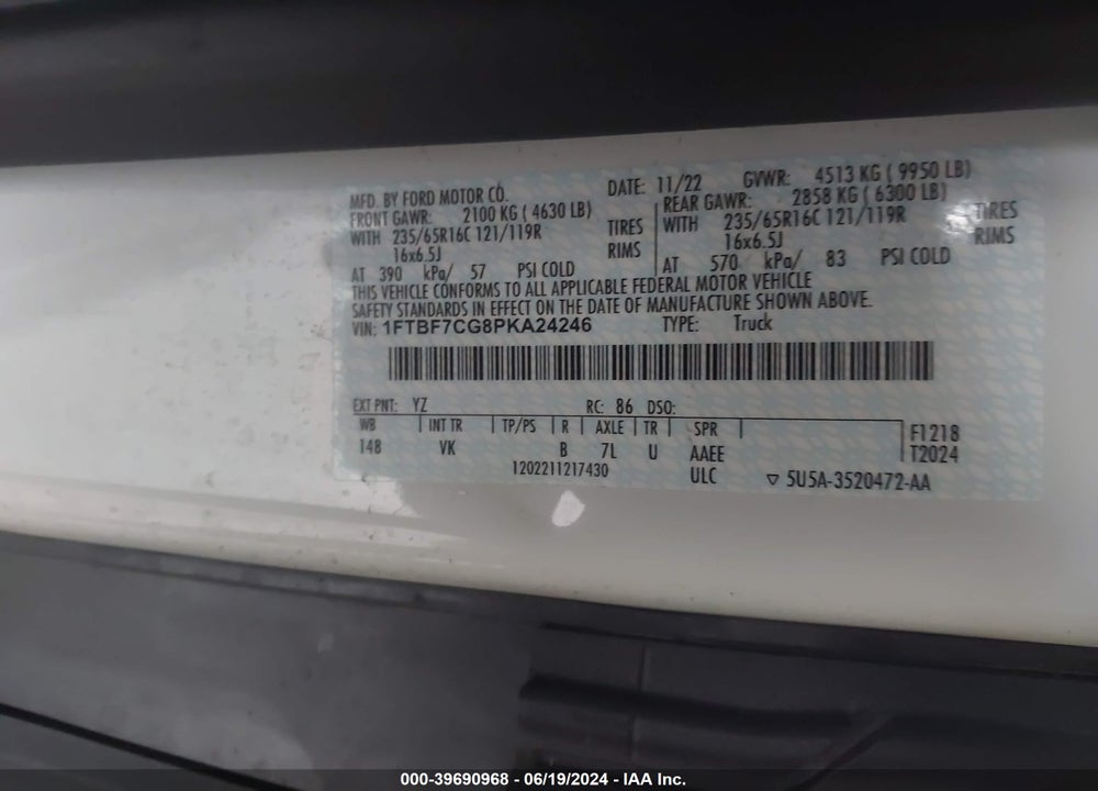 2023 FORD TRANSIT-350 VIN: 1FTBF7CG8PKA24246