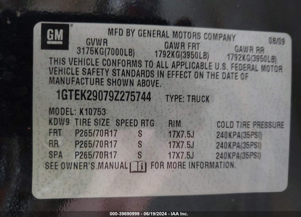 2009 GMC SIERRA 1500 SLE VIN: 1GTEK29079Z275744