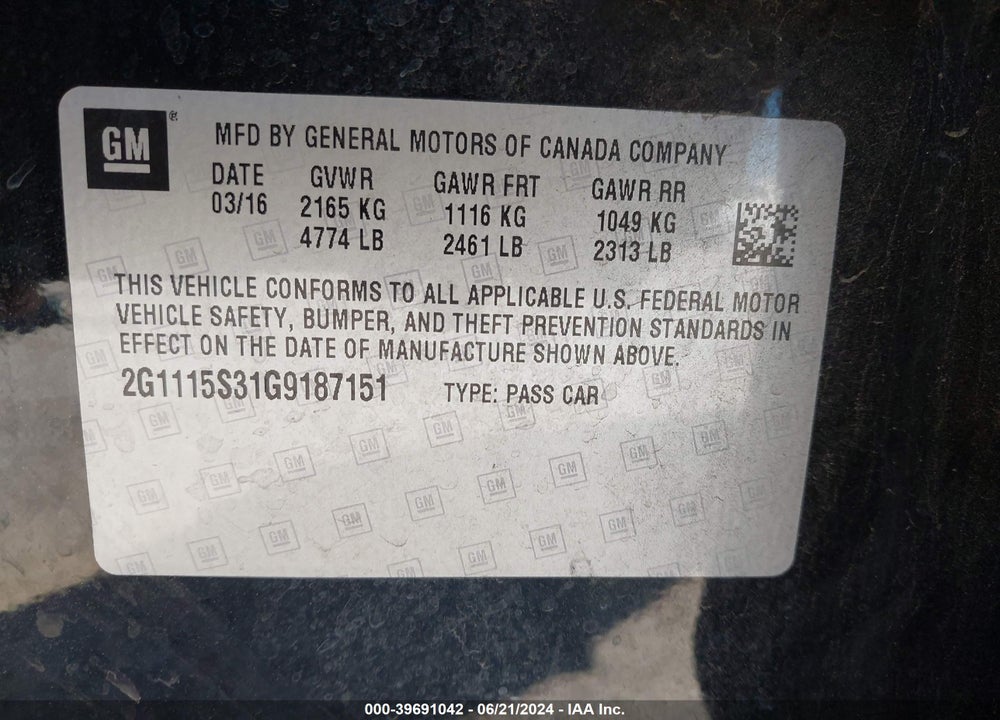 2016 CHEVROLET IMPALA 2LT VIN: 2G1115S31G9187151