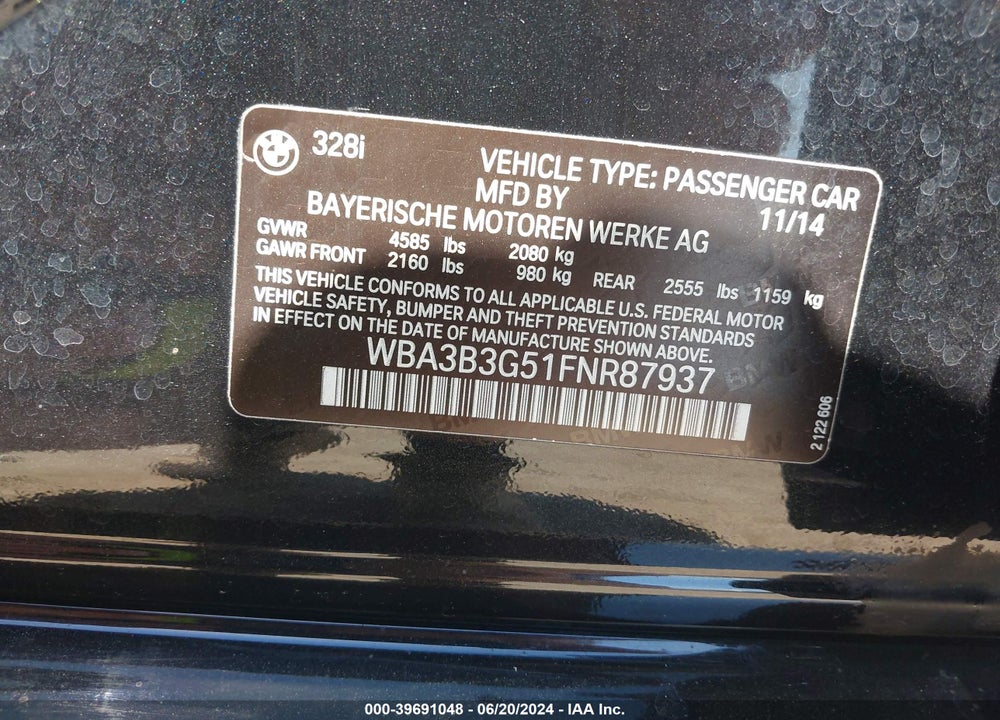 2015 BMW 328I XDRIVE VIN: WBA3B3G51FNR87937