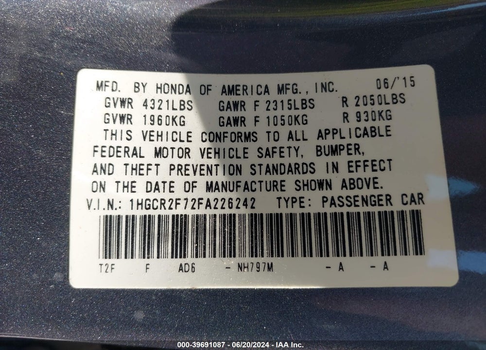 2015 HONDA ACCORD EX VIN: 1HGCR2F72FA226242
