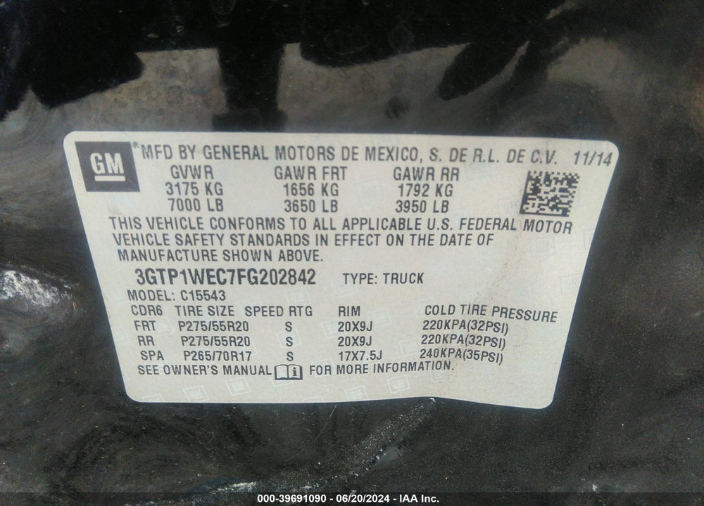 2015 GMC SIERRA 1500 DENALI VIN: 3GTP1WEC7FG202842