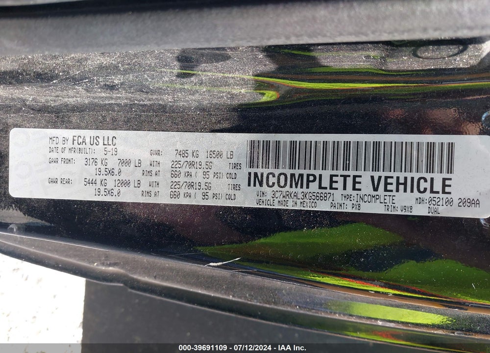 2019 RAM 4500 CHASSIS TRADESMAN/SLT VIN: 3C7WRKAL3KG566871