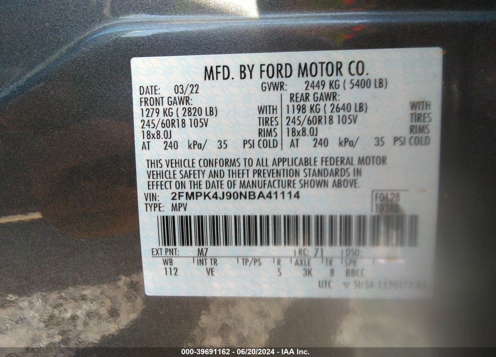 2022 FORD EDGE SEL VIN: 2FMPK4J90NBA41114