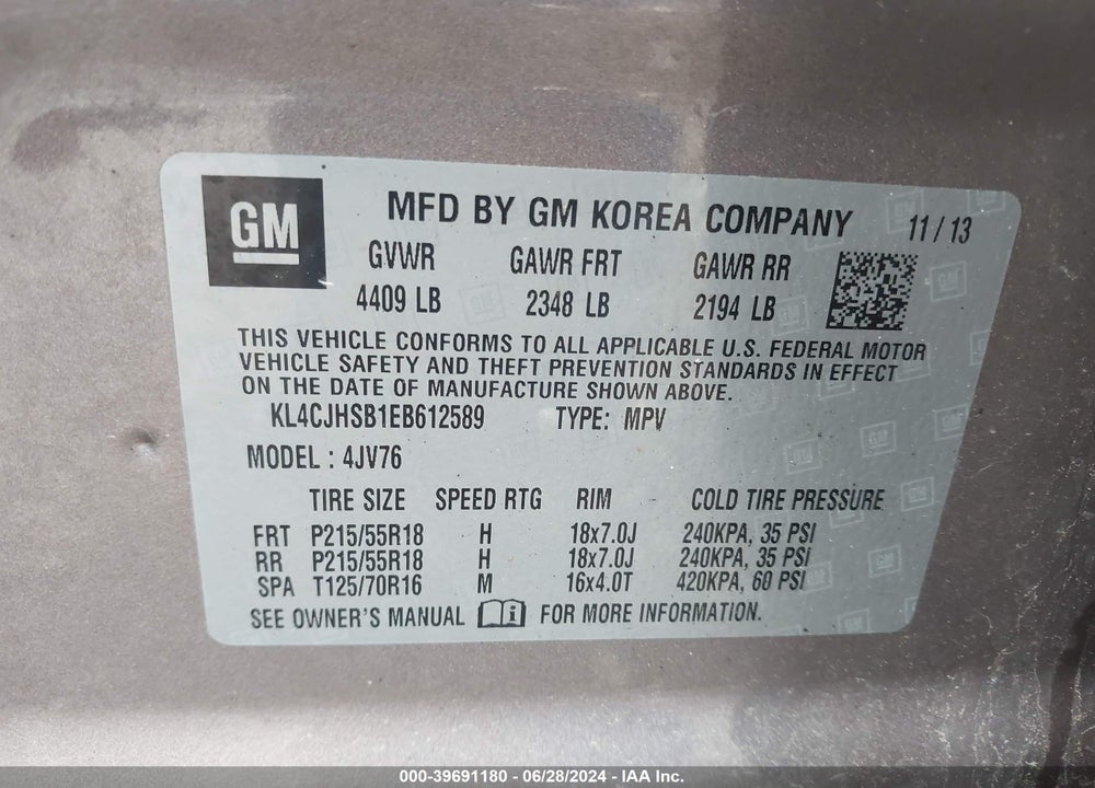 2014 BUICK ENCORE PREMIUM VIN: KL4CJHSB1EB612589