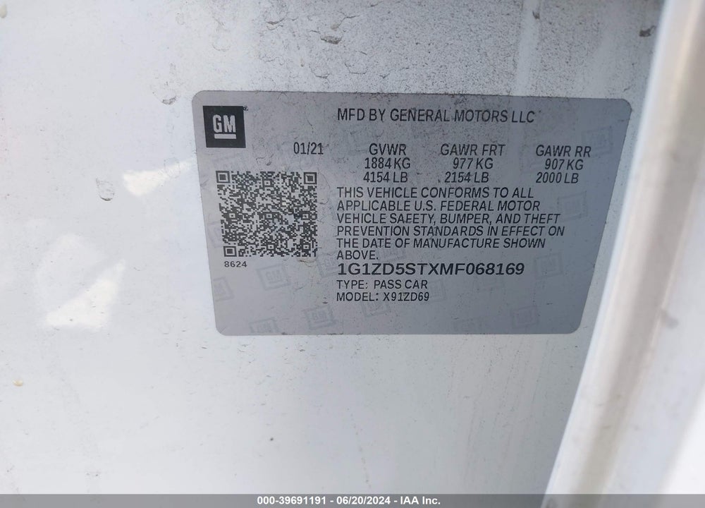 2021 CHEVROLET MALIBU FWD LT VIN: 1G1ZD5STXMF068169