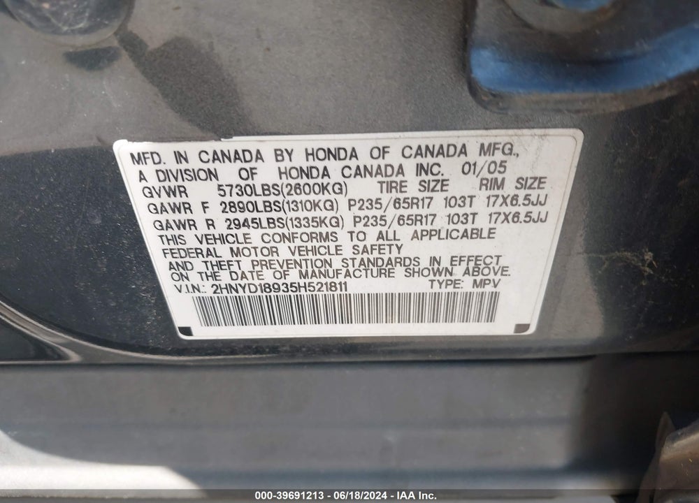 2005 ACURA MDX VIN: 2HNYD18935H521811