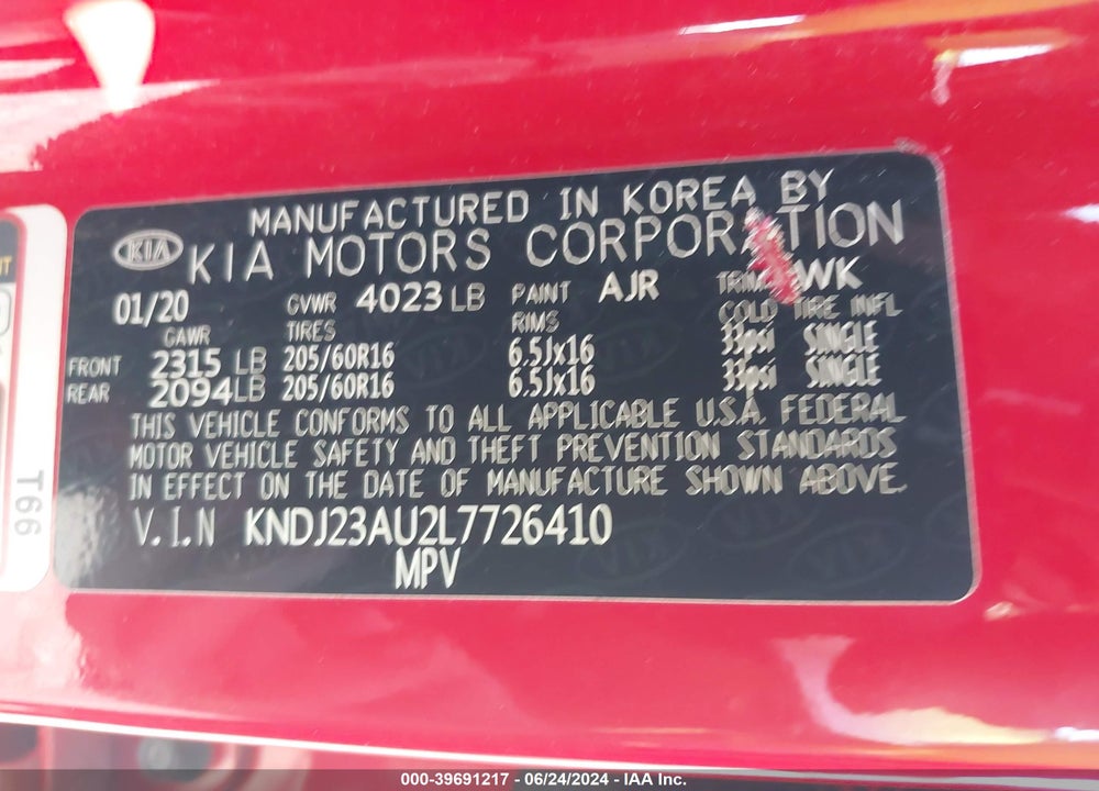 2020 KIA SOUL LX VIN: KNDJ23AU2L7726410
