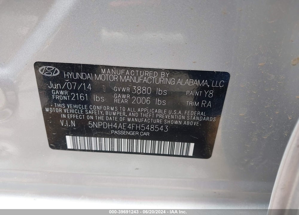 2015 HYUNDAI ELANTRA SE VIN: 5NPDH4AE4FH548543