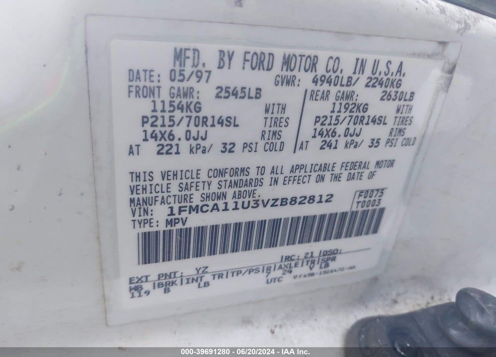 1997 FORD AEROSTAR XLT VIN: 1FMCA11U3VZB82812