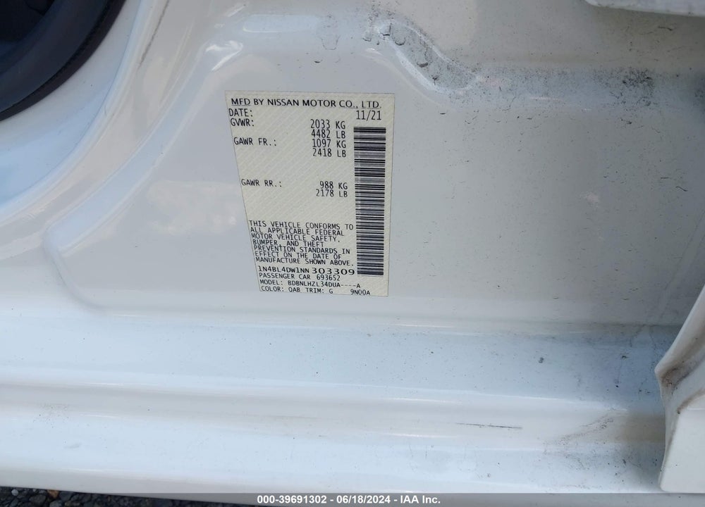 2022 NISSAN ALTIMA SV INTELLIGENT AWD VIN: 1N4BL4DW1NN303309