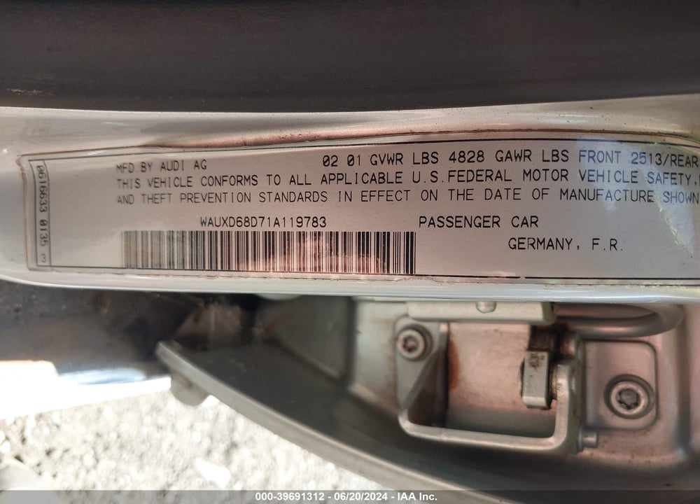 2001 AUDI S4 2.7T VIN: WAUXD68D71A119783
