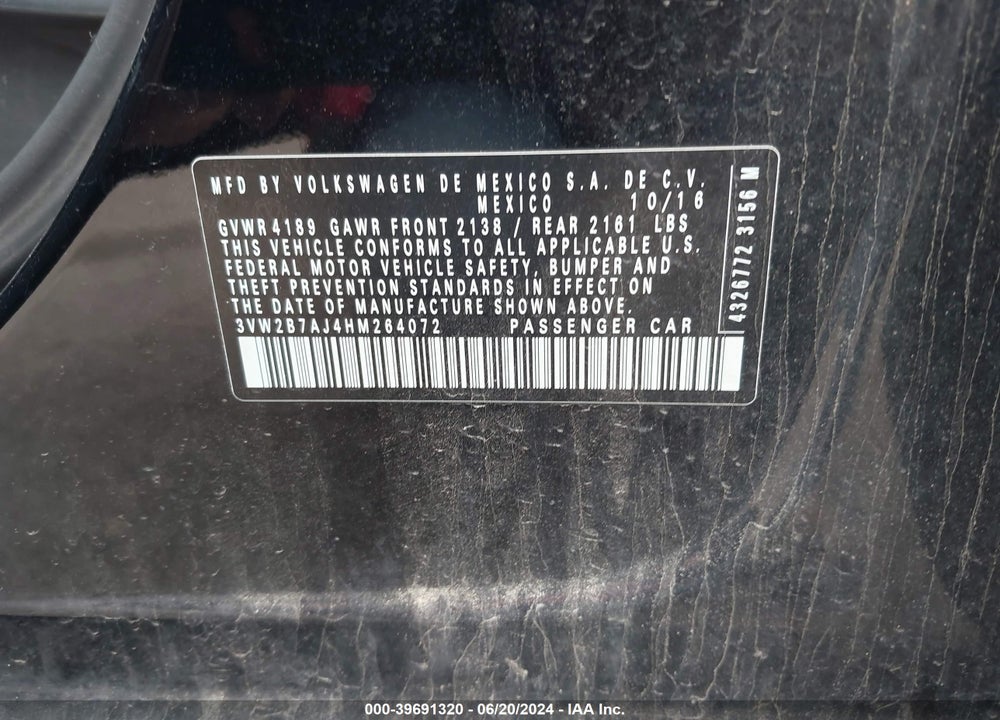 2017 VOLKSWAGEN JETTA 1.4T S VIN: 3VW2B7AJ4HM264072
