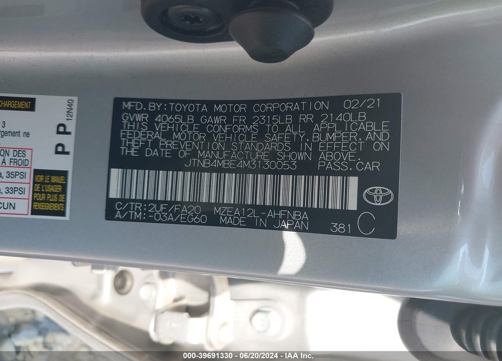 2021 TOYOTA COROLLA SE VIN: JTNB4MBE4M3130053