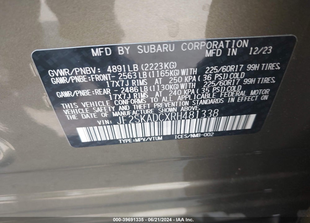2024 SUBARU FORESTER PREMIUM VIN: JF2SKADCXRH481338