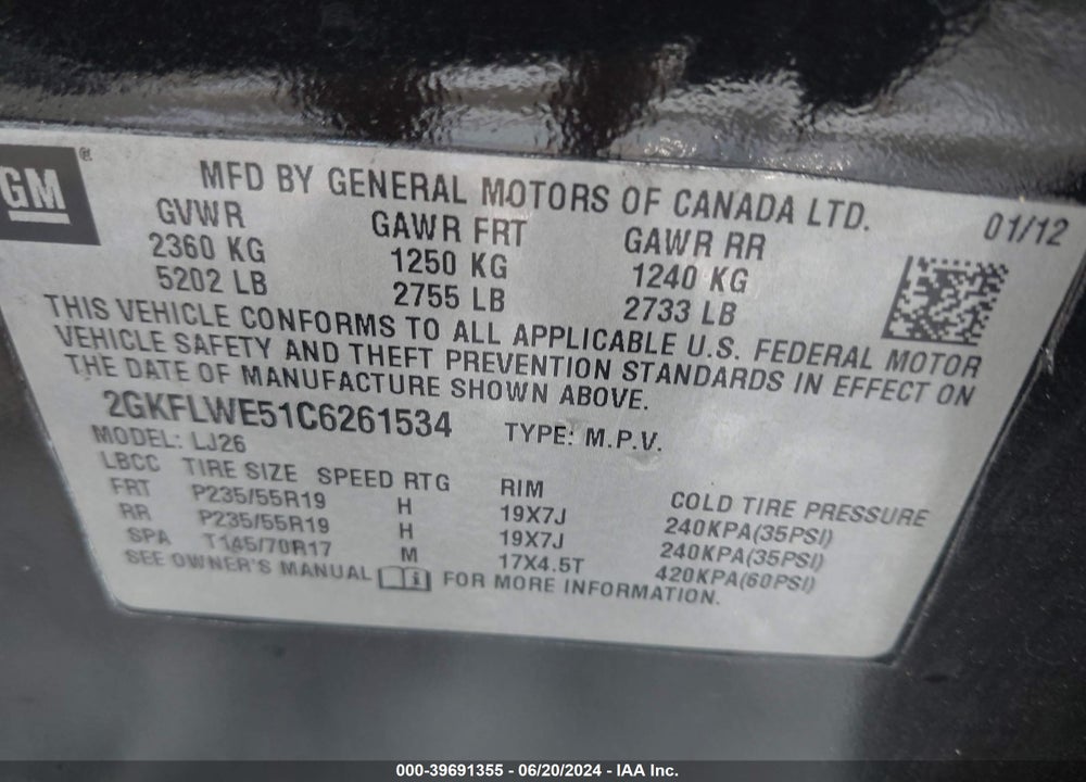 2012 GMC TERRAIN SLT-2 VIN: 2GKFLWE51C6261534