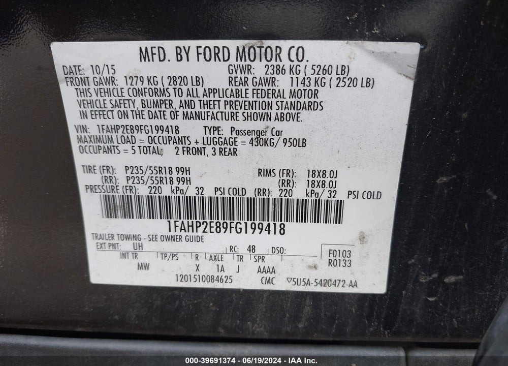 2015 FORD TAURUS VIN: 1FAHP2E89FG199418