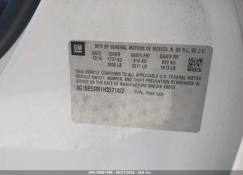 2017 CHEVROLET CRUZE LT AUTO VIN: 3G1BE5SM1HS571422