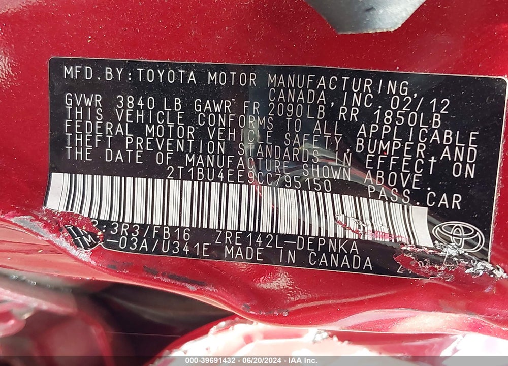 2012 TOYOTA COROLLA LE VIN: 2T1BU4EE9CC795150