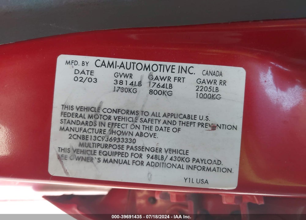 2003 CHEVROLET TRACKER HARD TOP BASE VIN: 2CNBE13C936933330