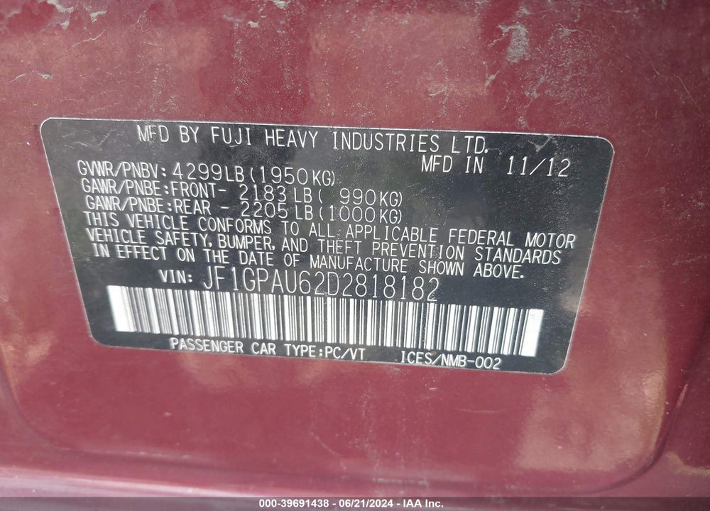 2013 SUBARU IMPREZA 2.0I SPORT LIMITED VIN: JF1GPAU62D2818182