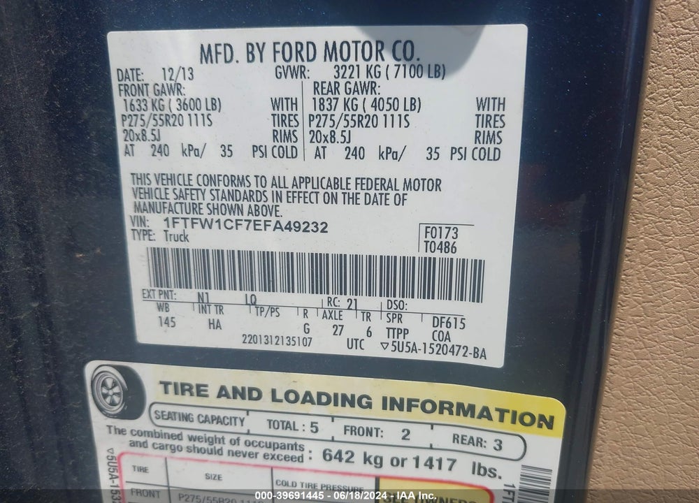 2014 FORD F-150 LARIAT VIN: 1FTFW1CF7EFA49232