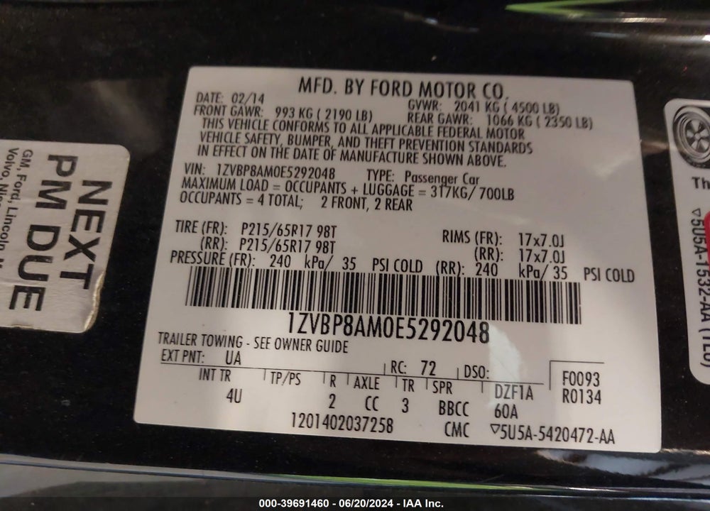 2014 FORD MUSTANG V6 PREMIUM VIN: 1ZVBP8AM0E5292048