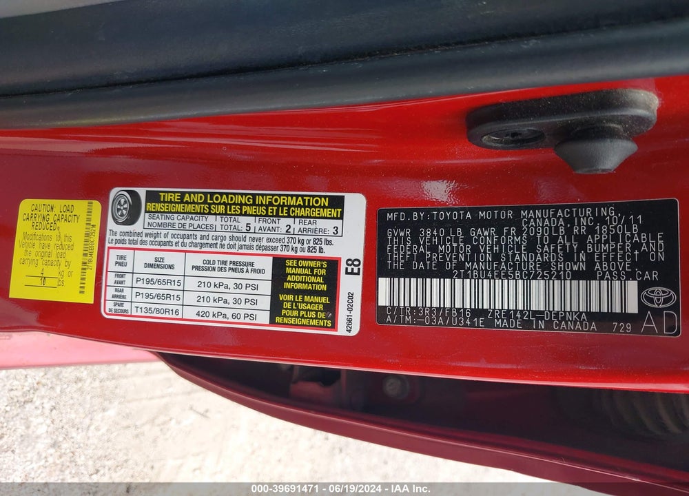 2011 TOYOTA COROLLA LE VIN: 2T1BU4EE5BC725210