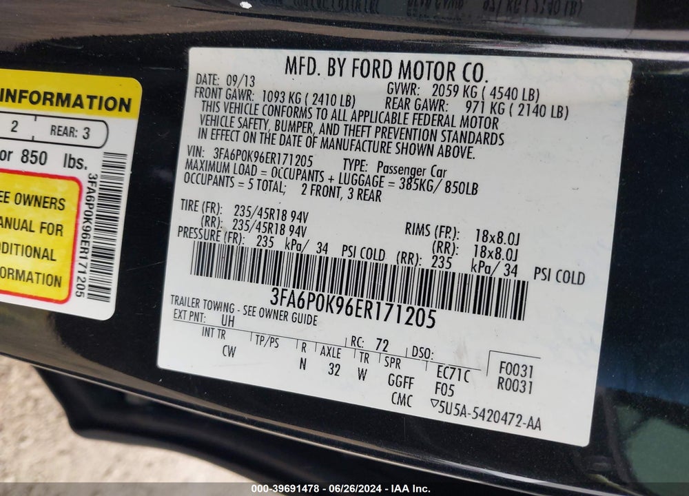 2014 FORD FUSION TITANIUM VIN: 3FA6P0K96ER171205