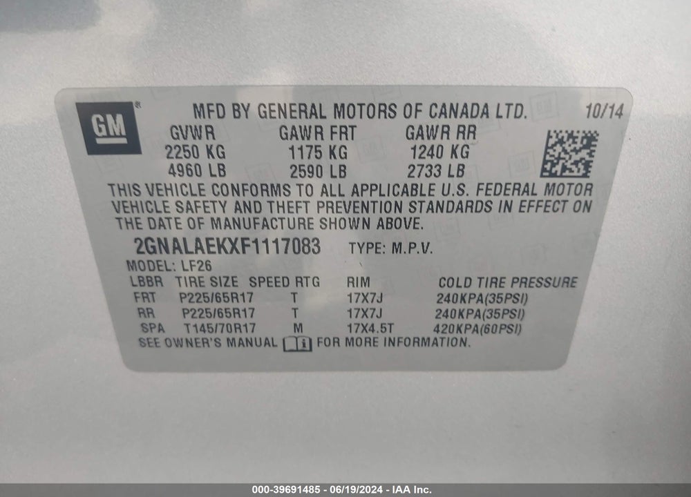 2015 CHEVROLET EQUINOX LS VIN: 2GNALAEKXF1117083