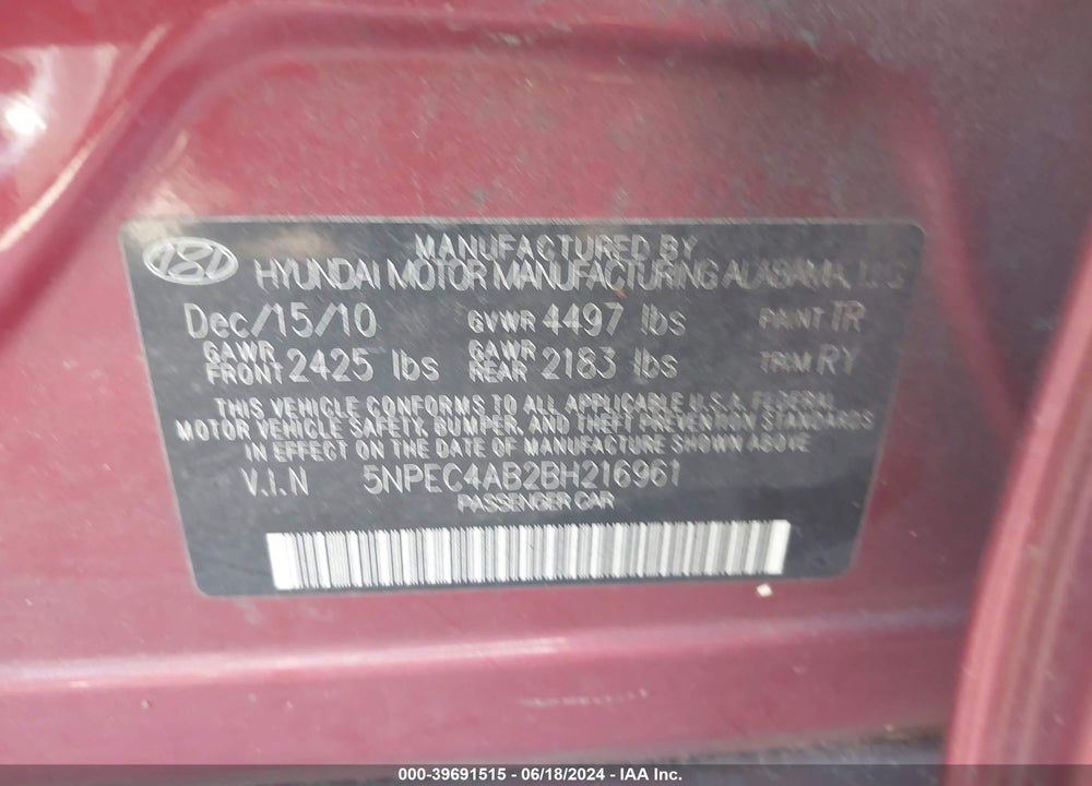 2011 HYUNDAI SONATA SE 2.0T VIN: 5NPEC4AB2BH216961