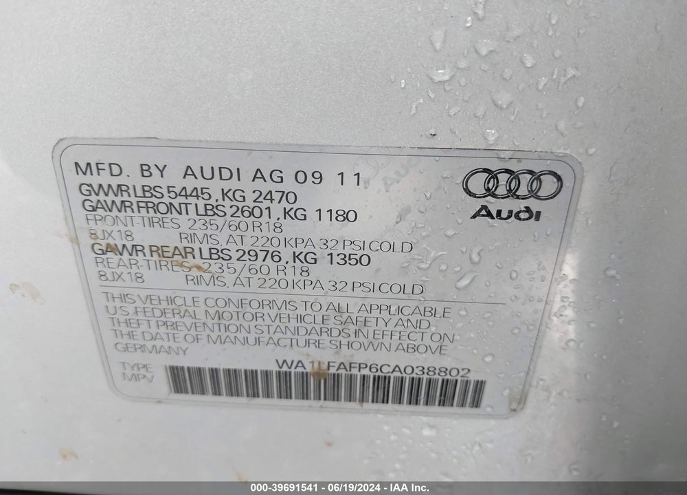 2012 AUDI Q5 VIN: WA1LFAFP6CA038802