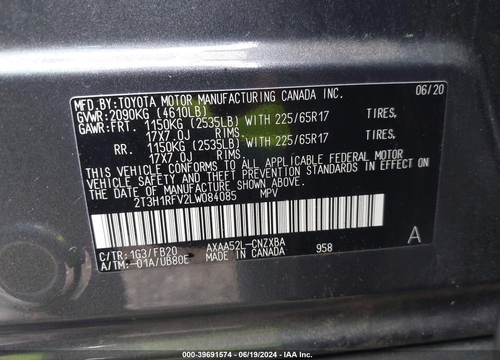 2020 TOYOTA RAV4 LE VIN: 2T3H1RFV2LW084085