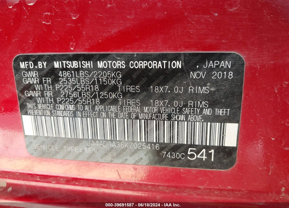 2019 MITSUBISHI OUTLANDER LE VIN: JA4AD3A36KZ025416
