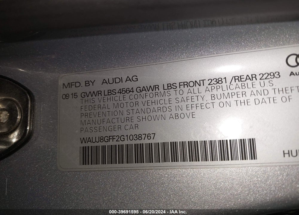 2016 AUDI A3 2.0T PREMIUM VIN: WAUJ8GFF2G1038767