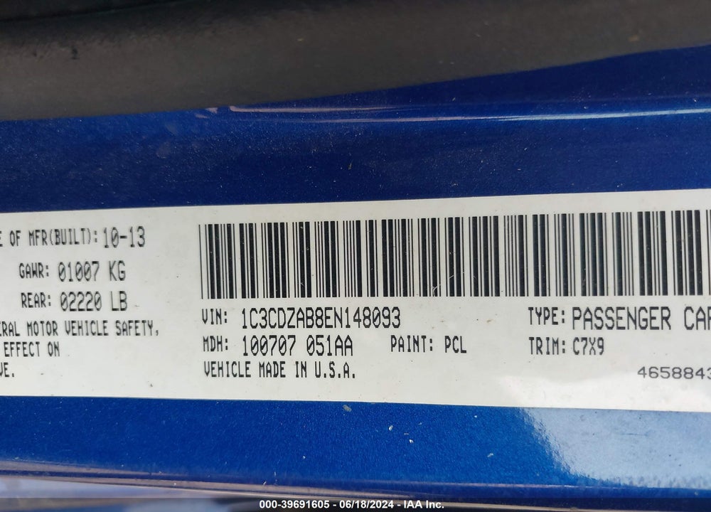 2014 DODGE AVENGER VIN: 1C3CDZAB8EN148093