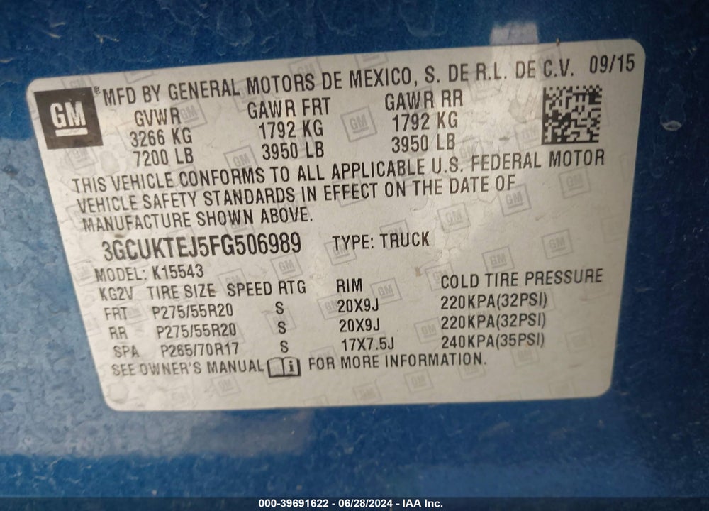 2015 CHEVROLET SILVERADO 1500 HIGH COUNTRY VIN: 3GCUKTEJ5FG506989