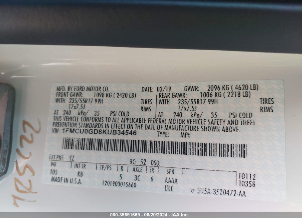 2019 FORD ESCAPE SE VIN: 1FMCU0GD8KUB34546