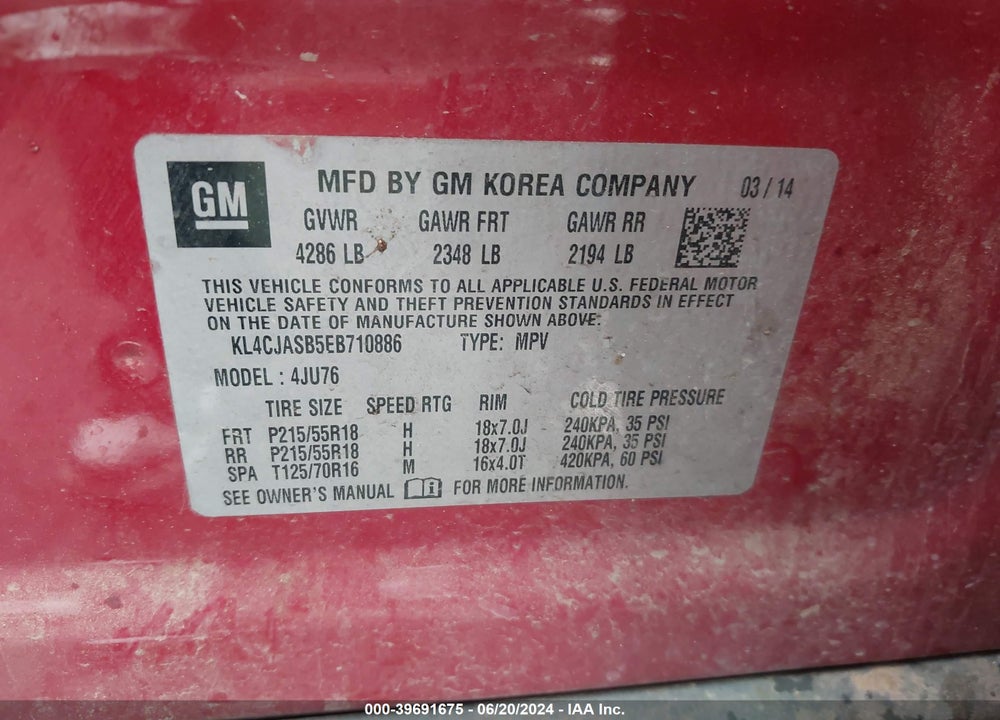 2014 BUICK ENCORE VIN: KL4CJASB5EB710886