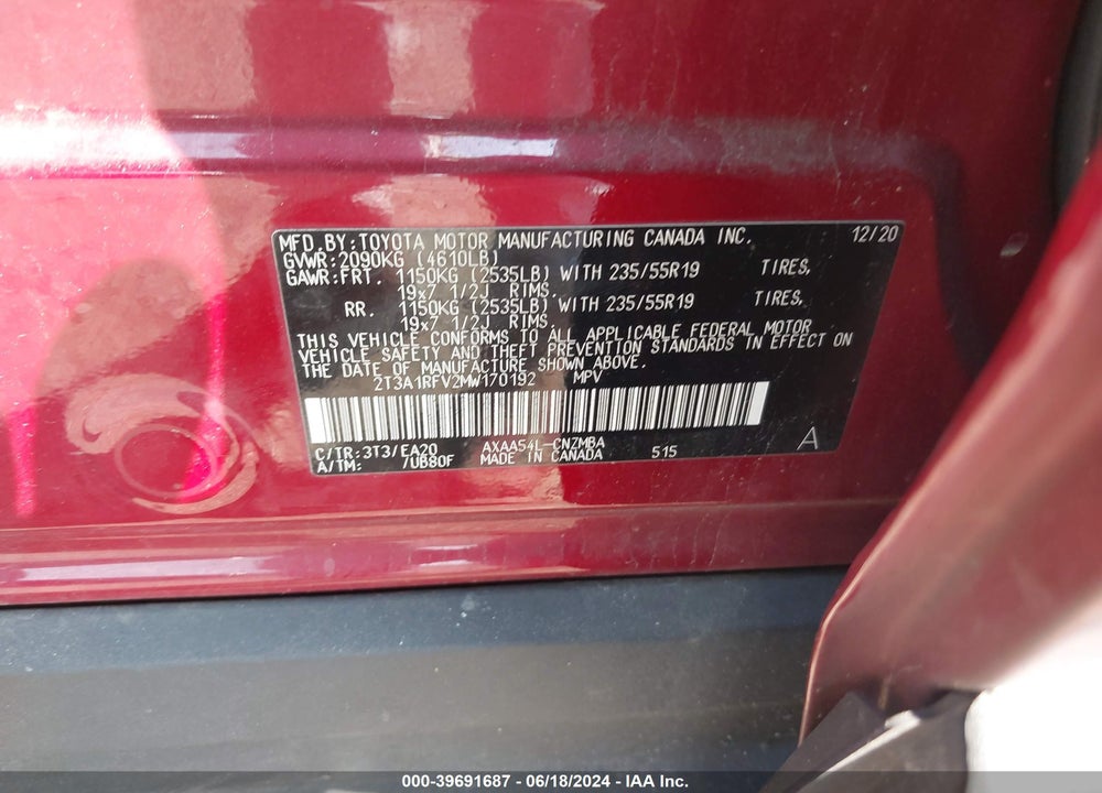2021 TOYOTA RAV4 XLE PREMIUM VIN: 2T3A1RFV2MW170192