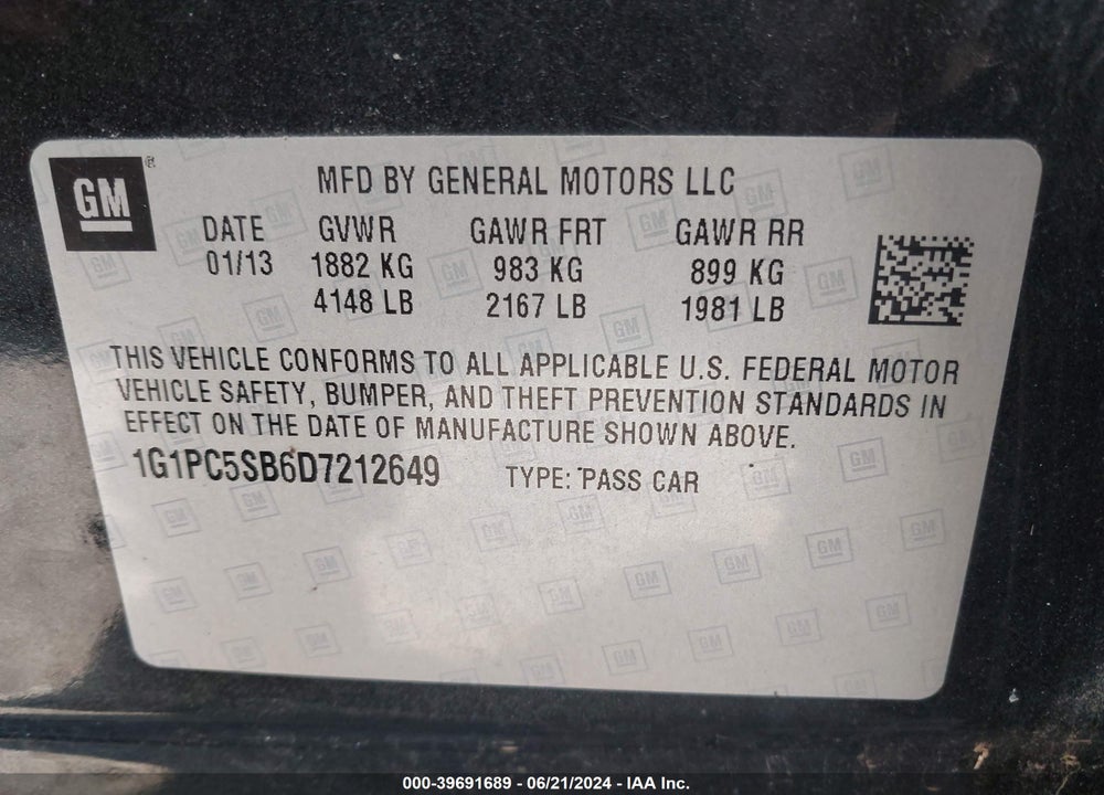2013 CHEVROLET CRUZE VIN: 1G1PC5SB6D7212649