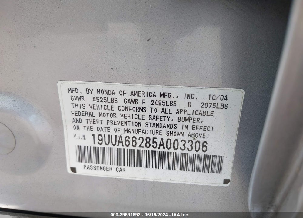 2005 ACURA TL VIN: 19UUA66285A003306