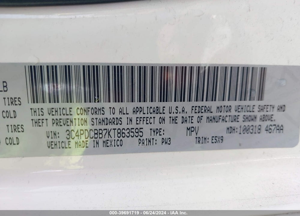 2019 DODGE JOURNEY VIN: 3C4PDCBB7KT863595